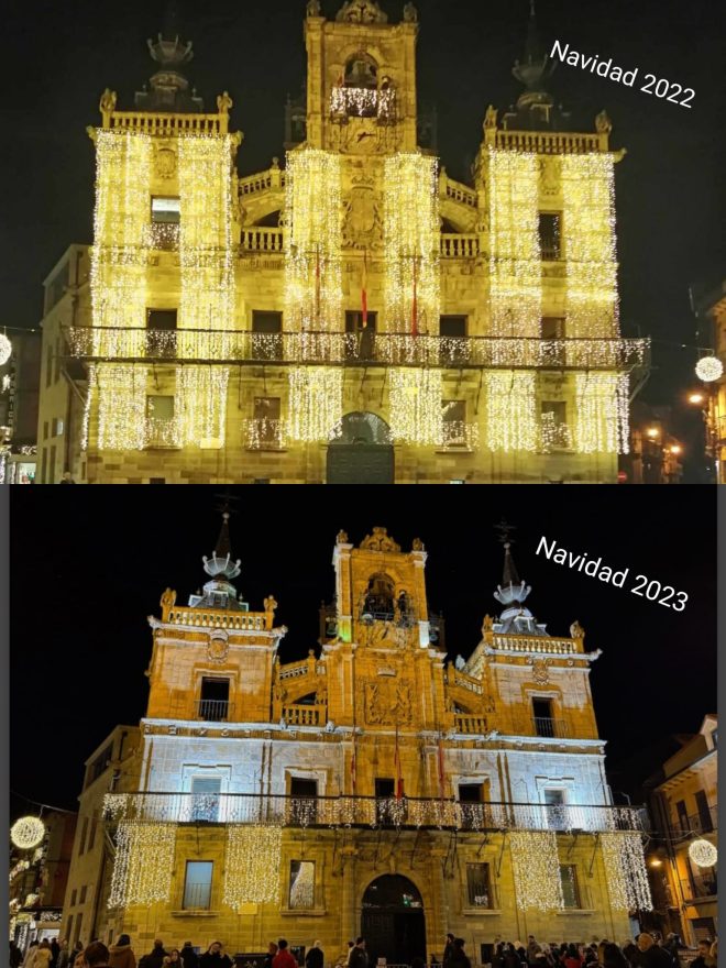 Comparativa de la iluminación navideña de Astorga en 2022 y 2023.