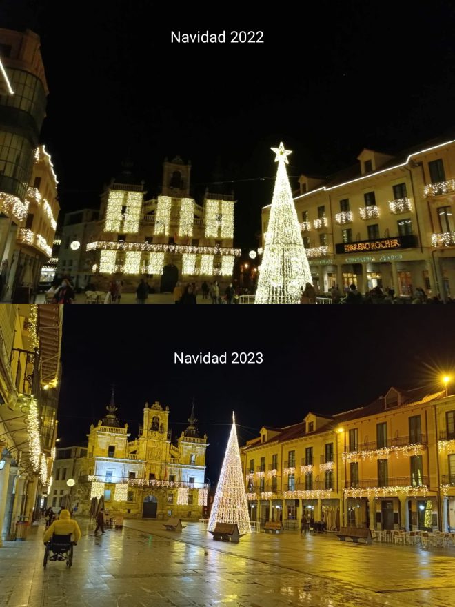 Comparativa de la iluminación navideña de Astorga en 2022 y 2023.